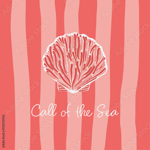 Abstract illustration of a pink seashell on a striped coral design, creating a modern marine-inspired aesthetic with text Call of the Sea