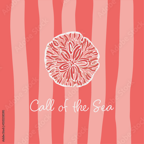Abstract illustration of a pink sand dollar on a striped coral design, creating a modern marine-inspired aesthetic with text Call of the Sea