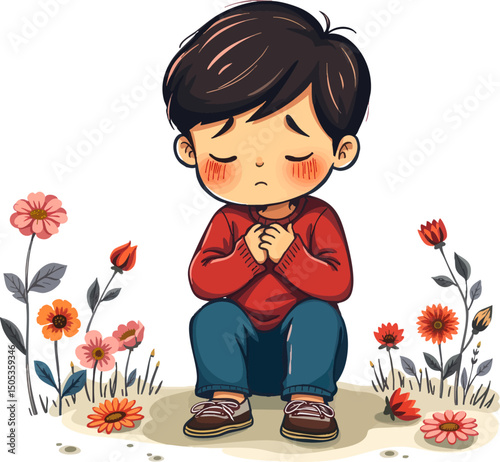 a little boy sitting on the ground in front of flowers

