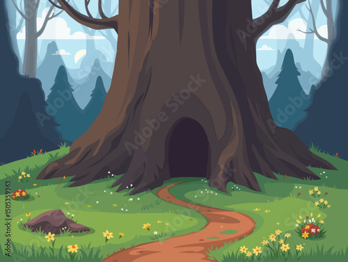a forest scene with a path leading to a big tree
