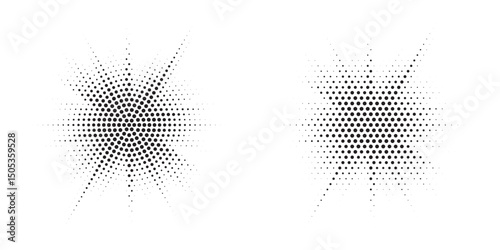 Halftone Background. Glowing light Halftone effect. Abstract grunge Starburst halftone dots background set. Star Flare, Shine light halftone texture. Retro background, pop art style.