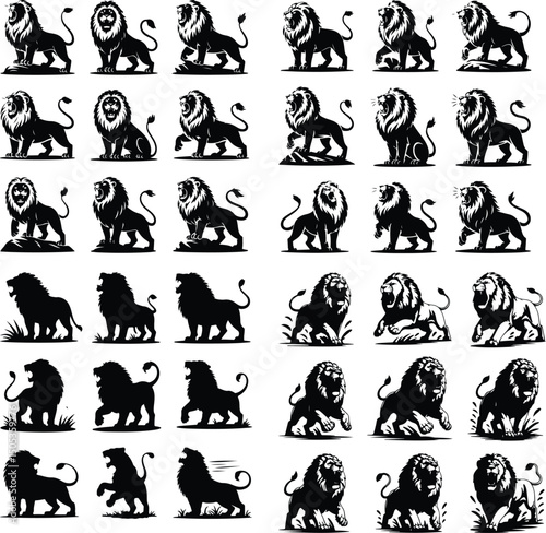 Lion Roar Silhouette Set – Powerful King of Jungle Vectors Roaring Lion Icon Pack – Bold Wildlife Silhouette Collection