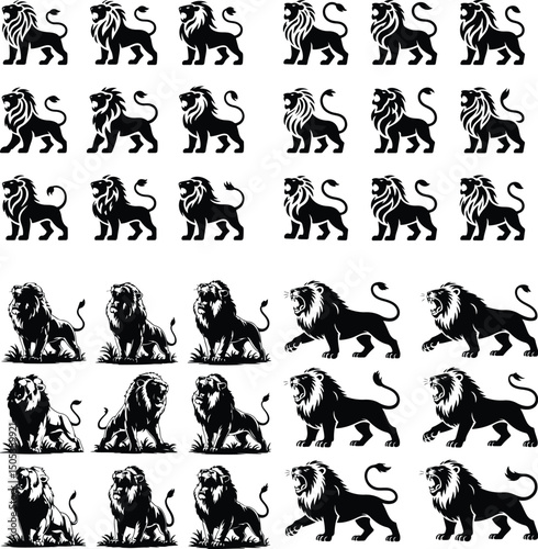 Lion Roar Silhouette Set – Powerful King of Jungle Vectors Roaring Lion Icon Pack – Bold Wildlife Silhouette Collection