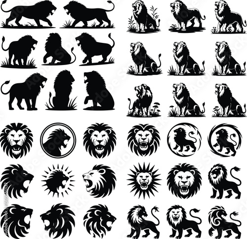 Lion Roar Silhouette Set – Powerful King of Jungle Vectors Roaring Lion Icon Pack – Bold Wildlife Silhouette Collection