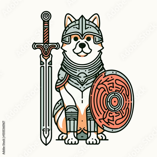 Valiant Protector: A Shiba Inu, clad in intricately detailed armor and wielding a long sword and shield, embodies courage and valor. A modern digital illustration.