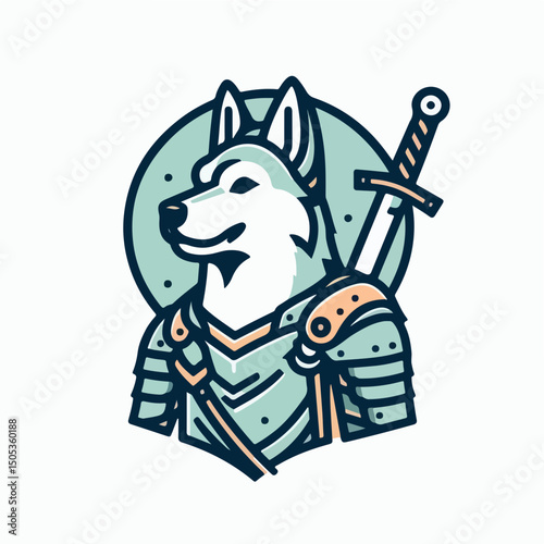 Loyal Guardian: A majestic dog, adorned in battle armor, stands resolute with a noble sword, embodying valor, strength, and unwavering protection.