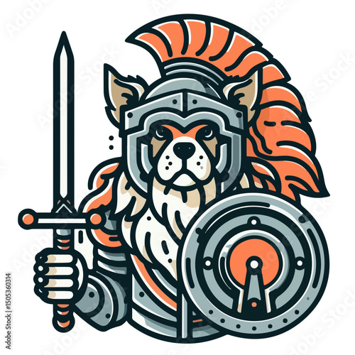 Brave Canine Warrior: A stylized illustration of a courageous bulldog adorned in Roman-style armor, wielding a sword and shield, embodying strength and valor.