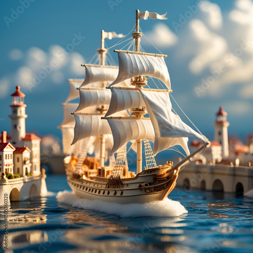 A detailed ivory model ship is sailing into a miniature coastal city.