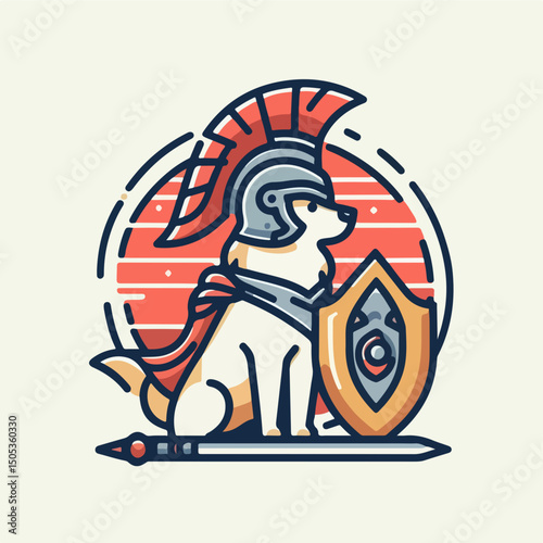 Warrior Dog Illustration: A stoic canine in a warrior's garb, complete with a helmet, shield, and spear, stands resolute against a sun-kissed backdrop. This illustration evokes courage and valor.