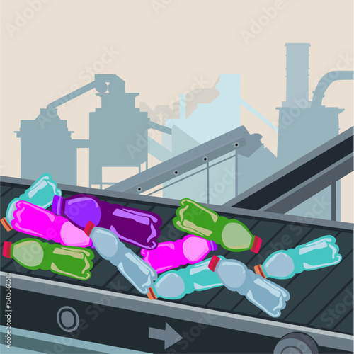 Plastic bottles on conveyor on factory background	