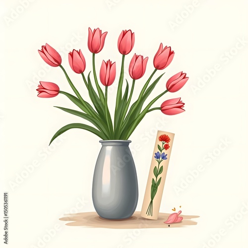 Sunny Serenity: Pink Tulips in a Metal Vase with Pressed Flower Bookmark