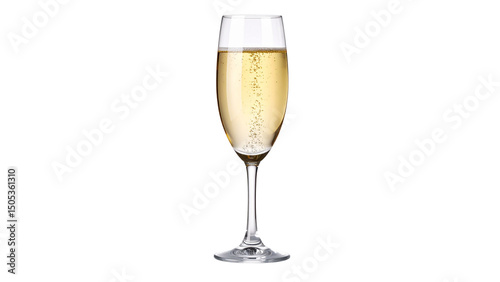 Two champagne glasses with golden bubbly liquid on a white background, ready for a celebration toast