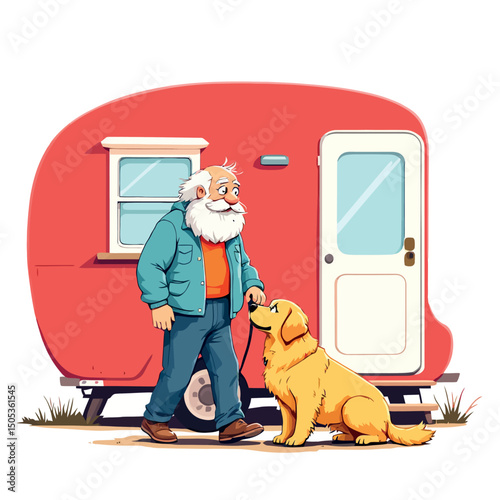 Vsai senior man walking golden retriever dog near camper trailer