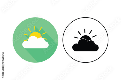 Two sunny cloud weather icons with modern flat design in green and black circular shapes