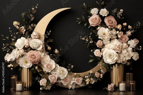 Elegant Crescent Moon Floral Arrangement with White and Pink Flowers in Gold Vases on Black Background