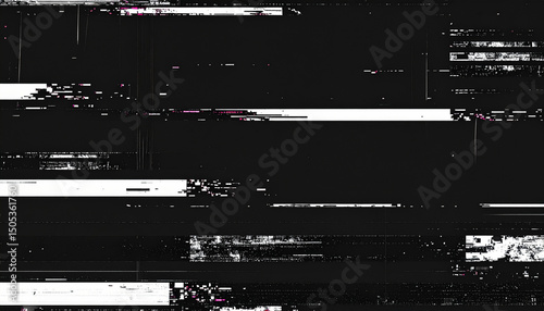 Dark abstract background with analog glitch overlay, white static noise texture, old TV grain lines and distortion artifacts, retro VHS effect, digital interference, high contrast, moody aesthetic.