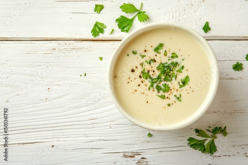 Creamy pale yellow soup in a white bowl, garnished with parsley and peppercorns, atop a white wooden surface