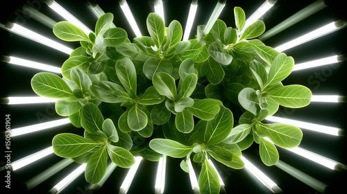 Leafy greens growing under LED lights
