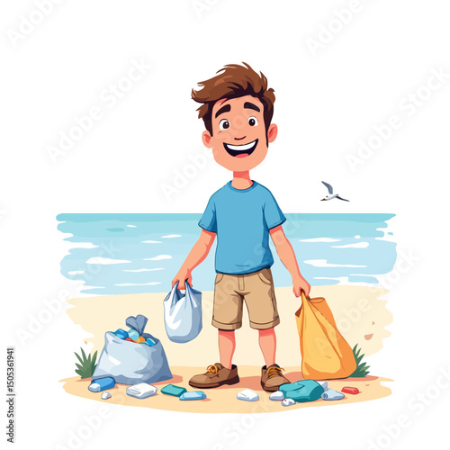 Vsai volunteer collecting garbage on the beach into bags