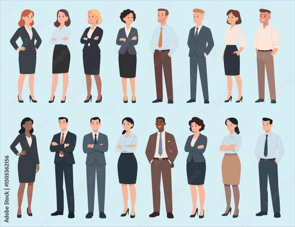 Group of diverse professional business people standing confidently in formal attire, teamwork concept, office colleagues, corporate success, business meeting Group of diverse professional business people standing confidently in formal attire, teamwork concept, office colleagues, corporate success, business meeting