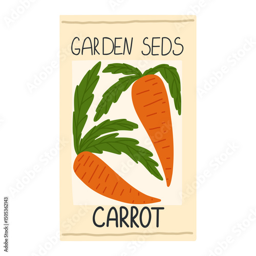 Carrot garden seed package vector illustration. Whole orange carrots image isolated on white background. Ripe root vegetable with greens on top packaging design