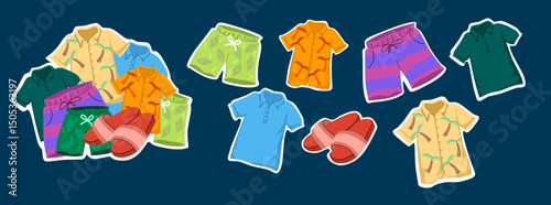 Autumn, winter, spring, summer season clothes set. Casual jackets, jeans, t-shirt, shoes, sweater, hat seasonal clothing outfit stickers collection. Garment, apparel fashion flat vector illustration