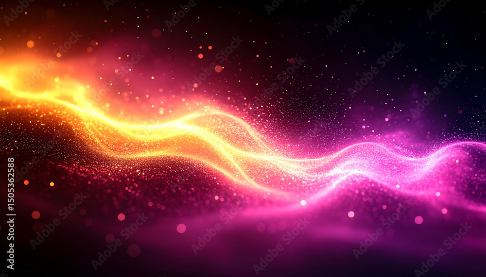 Fototapeta premium Color light overlay defocused yellow and pink glow, soft radiance texture on dark black background, abstract empty space with smooth gradient, galaxy light effects, dreamy aesthetic background.