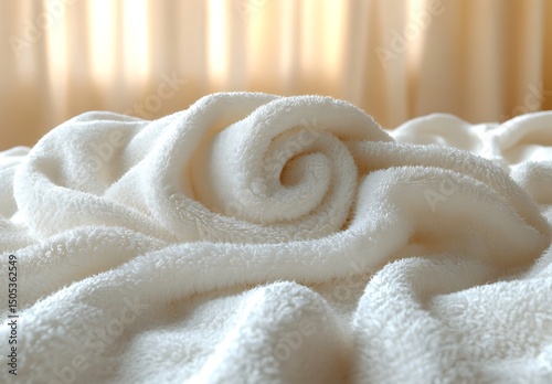 Towel mockup rolled like a rose with soft sunlight on light background

