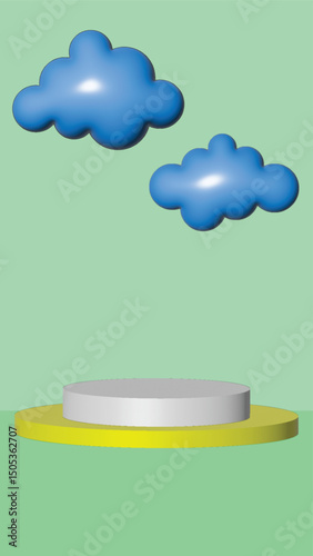 Abstract colorful 3D podium illustration with empty round metal design for business success chart and cloud