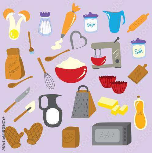 Set of kitchen tools. Cute Baking Sheet and Ingredients Illustration