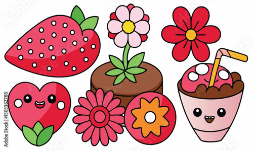 Fresh red strawberry fruit and flower vector illustration set with green leaf, sweet food, and healthy dessert