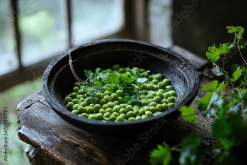 Steaming hot green peas garnished with parsley resting in a rustic bowl on a wooden table