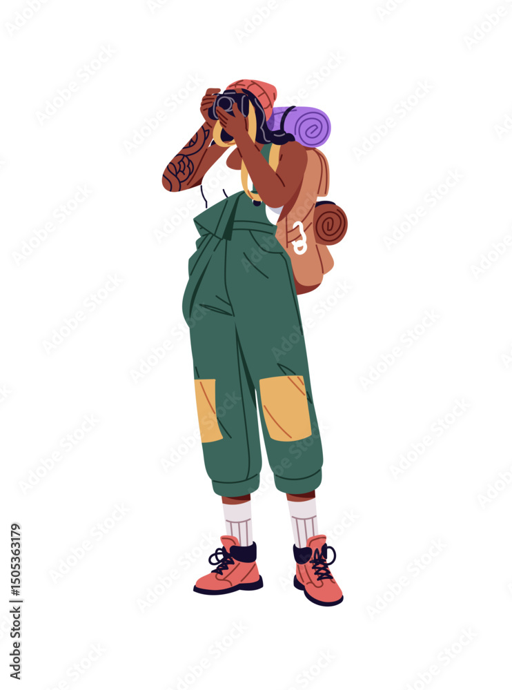 Black woman with trekking backpack takes photo. Hiker with camera does photography in travel. Tourist with equipment, knapsack is hiking in mountain, nature. Flat isolated vector illustration on white Black woman with trekking backpack takes photo. Hiker with camera does photography in travel. Tourist with equipment, knapsack is hiking in mountain, nature. Flat isolated vector illustration on white