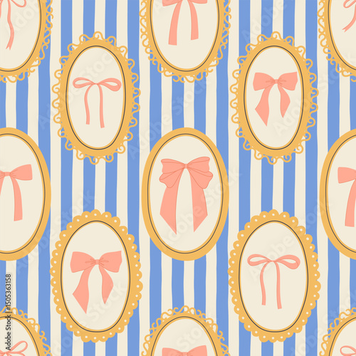 Принти на полотні Vintage cameo frames seamless striped pattern with bows and ribbon