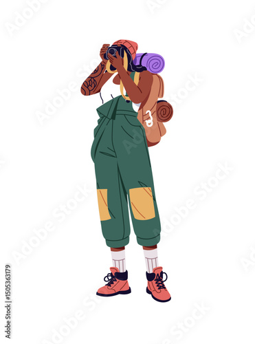 Black woman with trekking backpack takes photo. Hiker with camera does photography in travel. Tourist with equipment, knapsack is hiking in mountain, nature. Flat isolated vector illustration on white