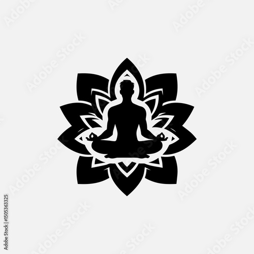 Minimalist black silhouette of meditating figure centered within blooming lotus flower vector emblem