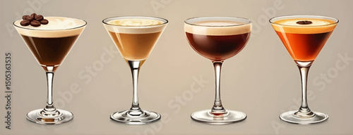 variety of coffee-based cocktails, including a creamy, frothy coffee drink with espresso beans, a coffee-flavored martini