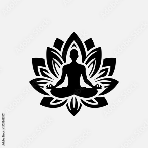 Minimalist black silhouette of meditating figure centered within blooming lotus flower vector emblem