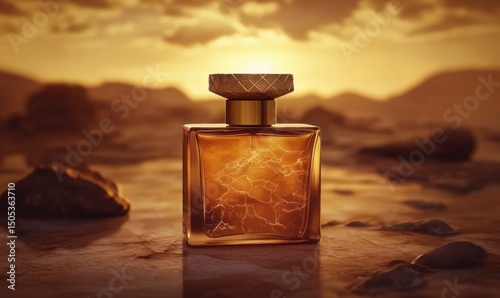 Glass perfume bottle with gold cap featuring unique marble-like design in serene desert landscape