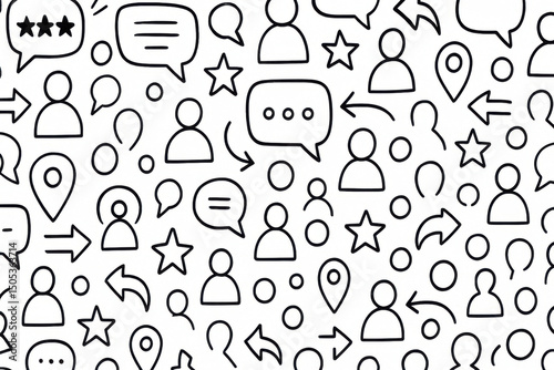 Communication icon pattern with speech bubbles, user symbols, arrows, stars, and location pins in black line art on white background