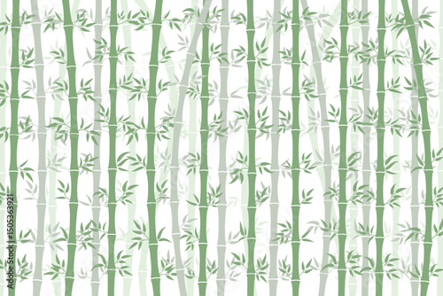 Illustration of bamboo stalks and leaves in shade of green color palette on white background, can be used for background, textiles, wrapping paper and other decorative purposes.