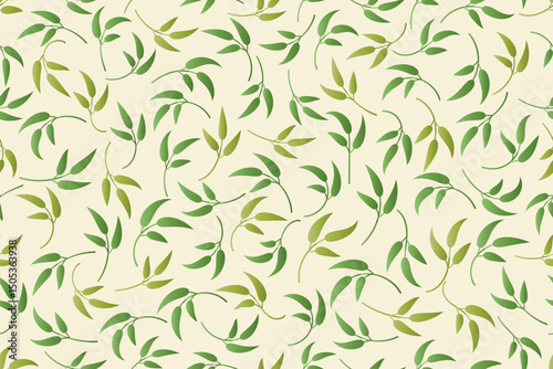 Seamless pattern of leaves in gradient shade of green on white background arranged randomly, can be used for background, textiles, wrapping paper and other decorative purposes.