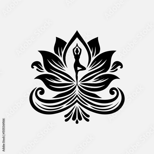 Serene yoga practitioner silhouette gracefully positioned within intricate lotus flower mandala vector design