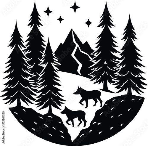 Mountain Forest Scene with Wolves Crossing Path