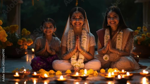 Three female devotees perform a puja at an altar. Indian women are praying with folded hands, surrounded by diyas and flowers. The essence of Diwali worship