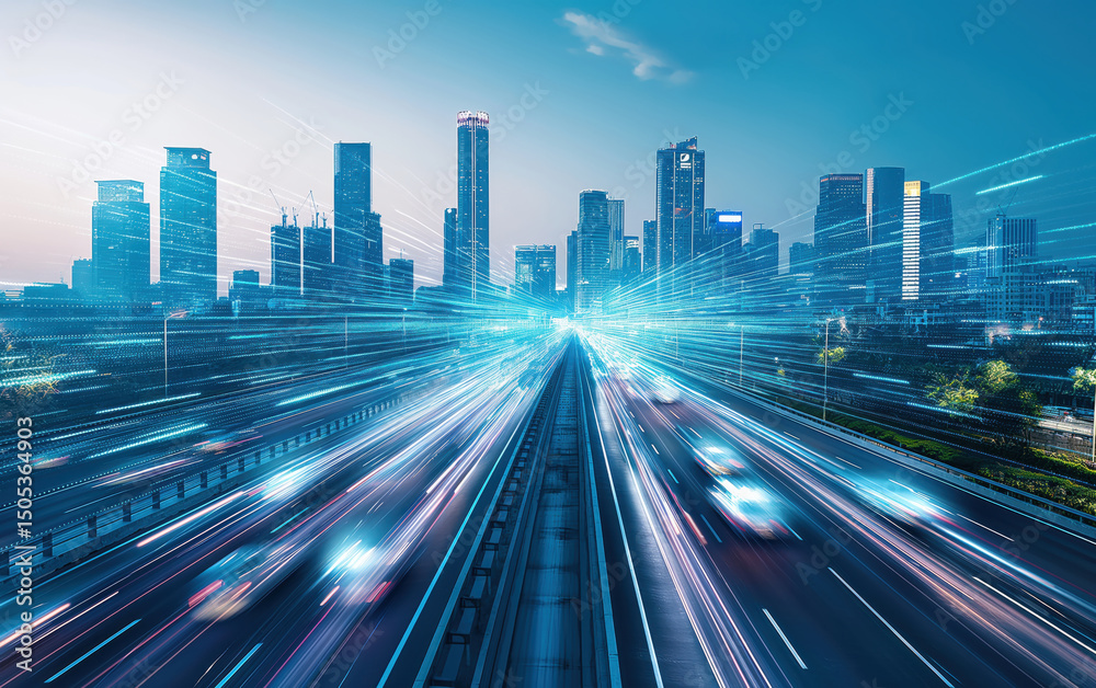 Fototapeta premium High-speed traffic motion blur through modern skyline. Future mobility and data flow concept.