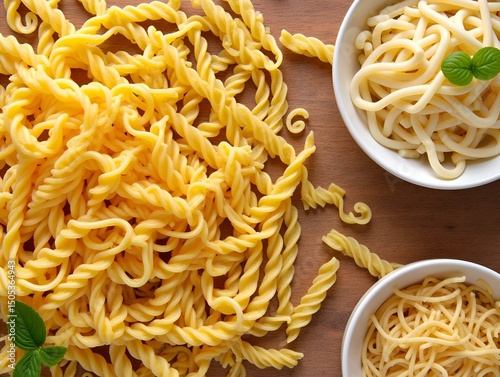 Different pasta types on the wooden table. Top view.