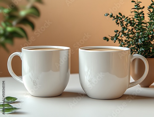 Ceramic mug mockup with coffee and plant on light surface

