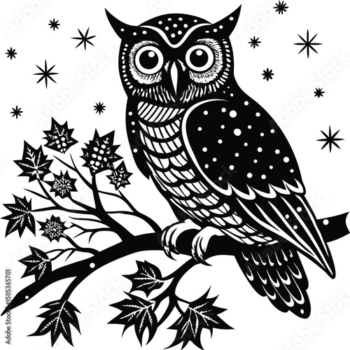 Owl Sitting on Snowy Tree Branch