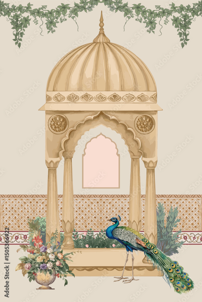 custom made wallpaper toronto digitalIndian peacock with temple, flower vase illustration for wedding invitation